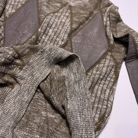 Vintage Saxony Leather Patchwork Sweater Mens Medium Chunky Knit Geometric